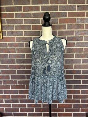 LOFT Sheer Navy Blue Grey Ruffled Hem Peplum Halter Top Sz L